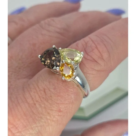 Michelle Albala 925 Sterling Silver Smoky Quartz Citrine Peridot Ring Sz 7.25 - Picture 7 of 12